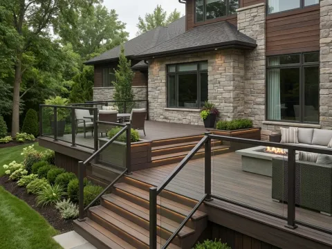 Multi-level deck with glass railing and stairs down to the lawn