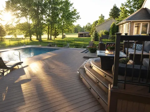 Deck with wide steps down to a pool