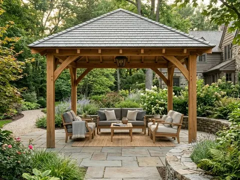 Roofed timber gazebo over a stone patio