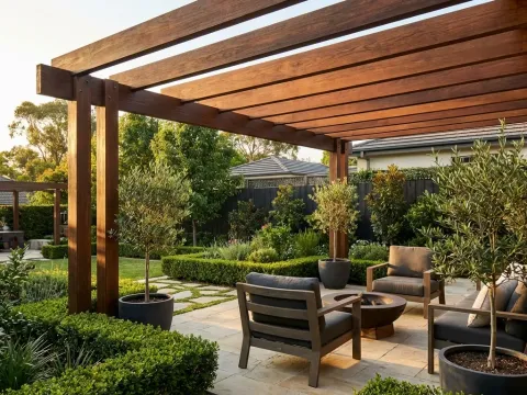 Flat-roofed wood pergola over garden seating